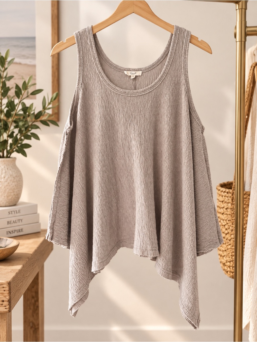 easel Taupe Flowy Handkerchief Tank Top